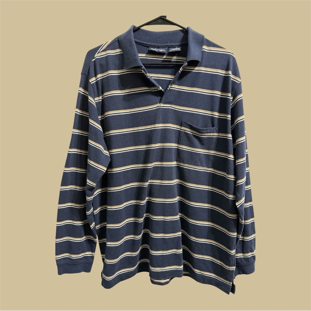 Puritan Navy and Cream Striped Long-Sleeve Polo Shirt size L